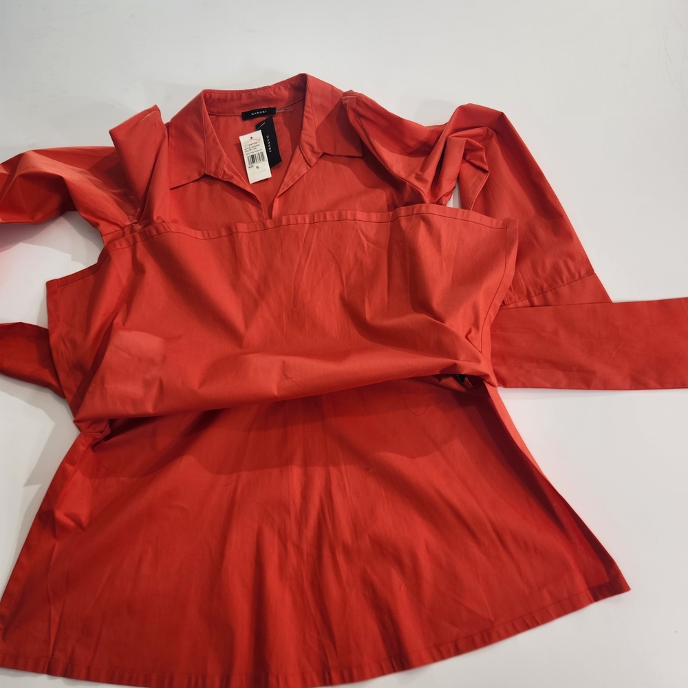 Natori Women's Collared Tunic Blouse Size S Cotton Poplin Tie Front Orange 01 - Picture 10 of 16